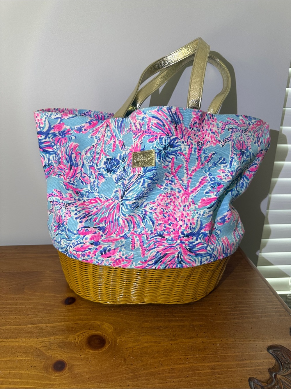 Lilly Pulitzer Pink and Blue Floral Tote with Gold Handles